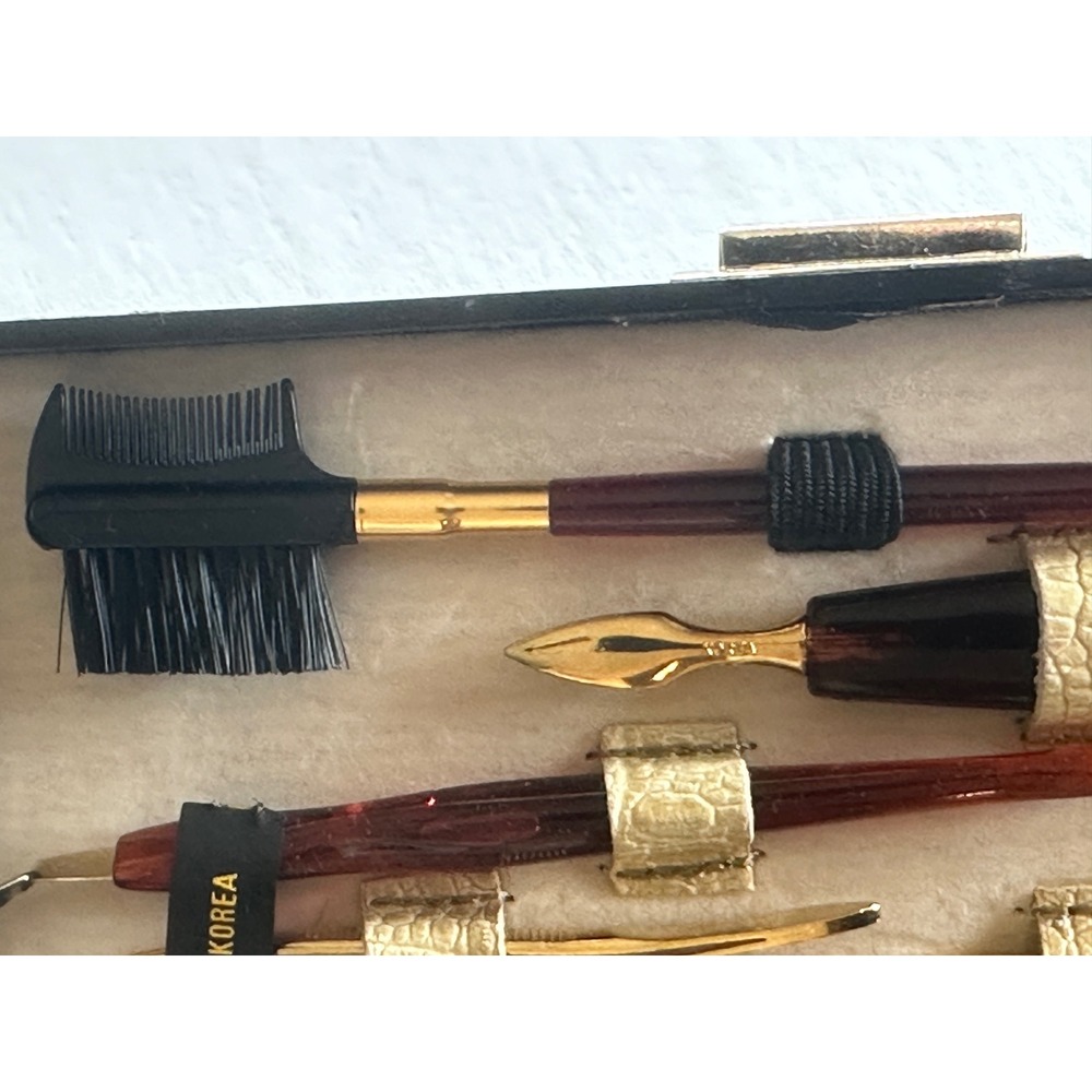 Vintage Travel Manicure Pedicure Makeup Brush Set Brown Faux Croc Case 10 pc - Picture 9 of 16